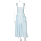 Gingham Square Neck A-Line Midi Dress With Pockets