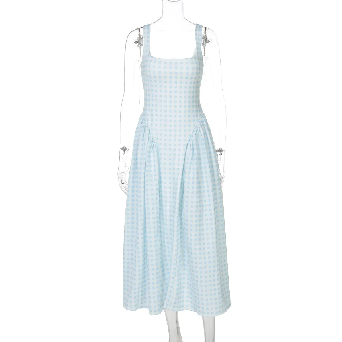 Gingham Square Neck A-Line Midi Dress With Pockets