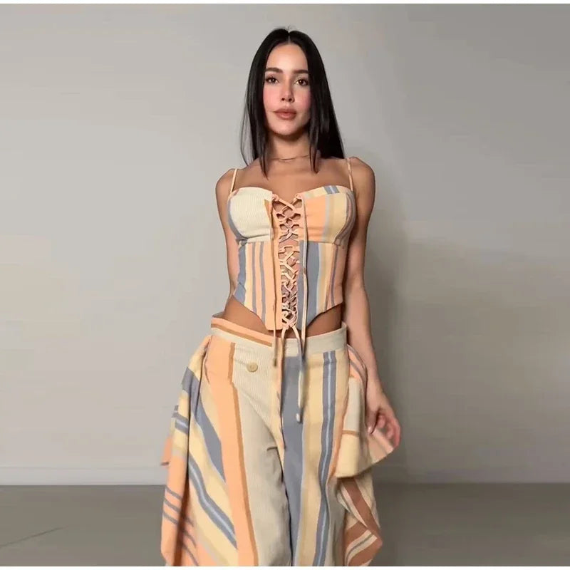 Chic Strips Pants Women Set Patchwork Slash Neck Bandage Top Pleated Asymmetry Trousers
