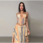 Chic Strips Pants Women Set Patchwork Slash Neck Bandage Top Pleated Asymmetry Trousers