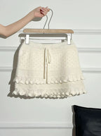 Patchwork Knit Mini Skirt With High Waist Ruffle And Hollow Out Details