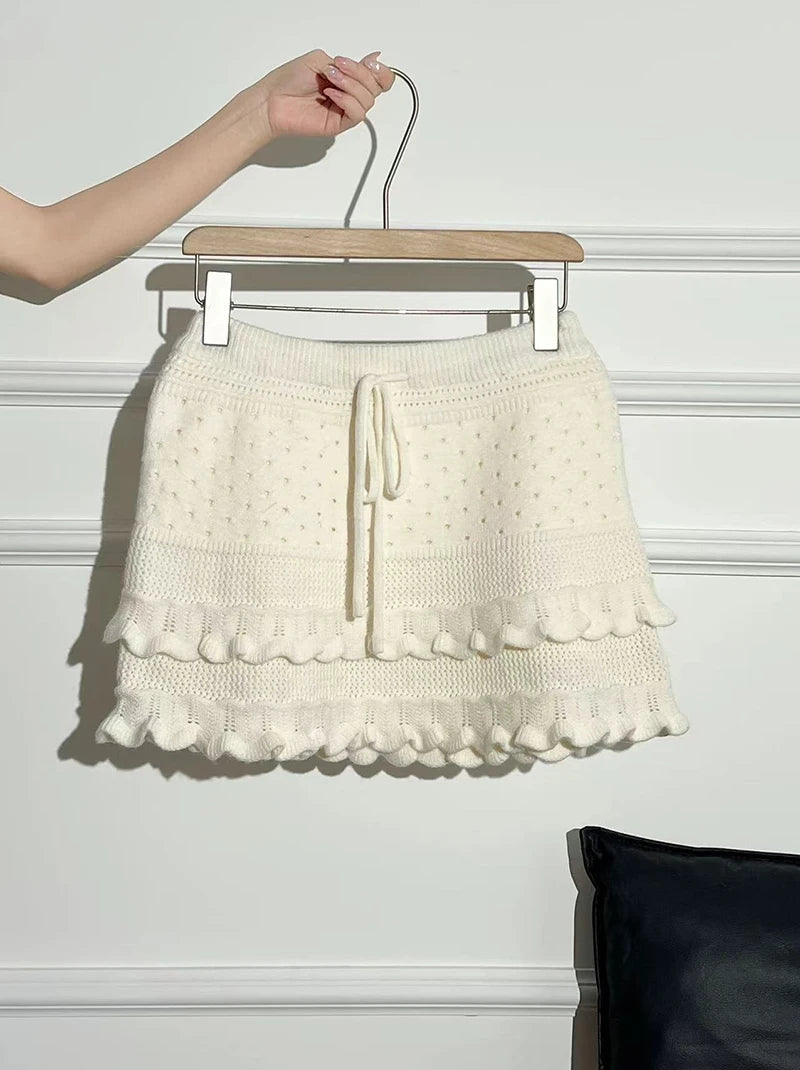Patchwork Knit Mini Skirt With High Waist Ruffle And Hollow Out Details