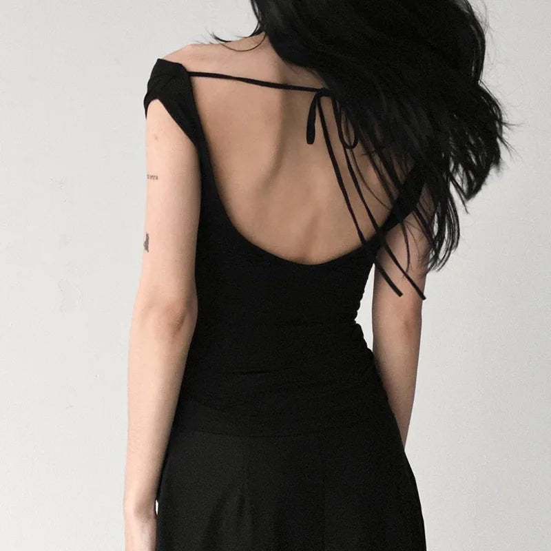 Women Sleeveless Swing Collar Backless Tie Back Ruched Top