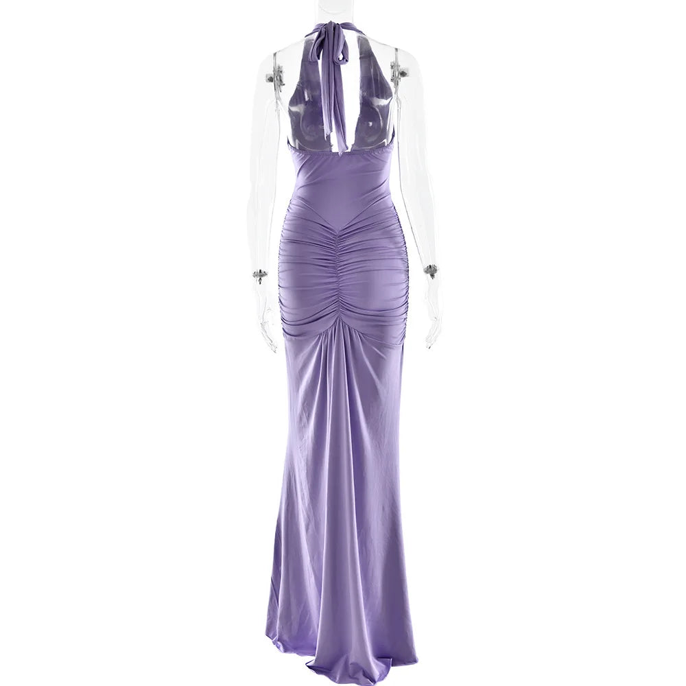 Deep V-Neck Backless Ruched Maxi Dress Halter Gown
