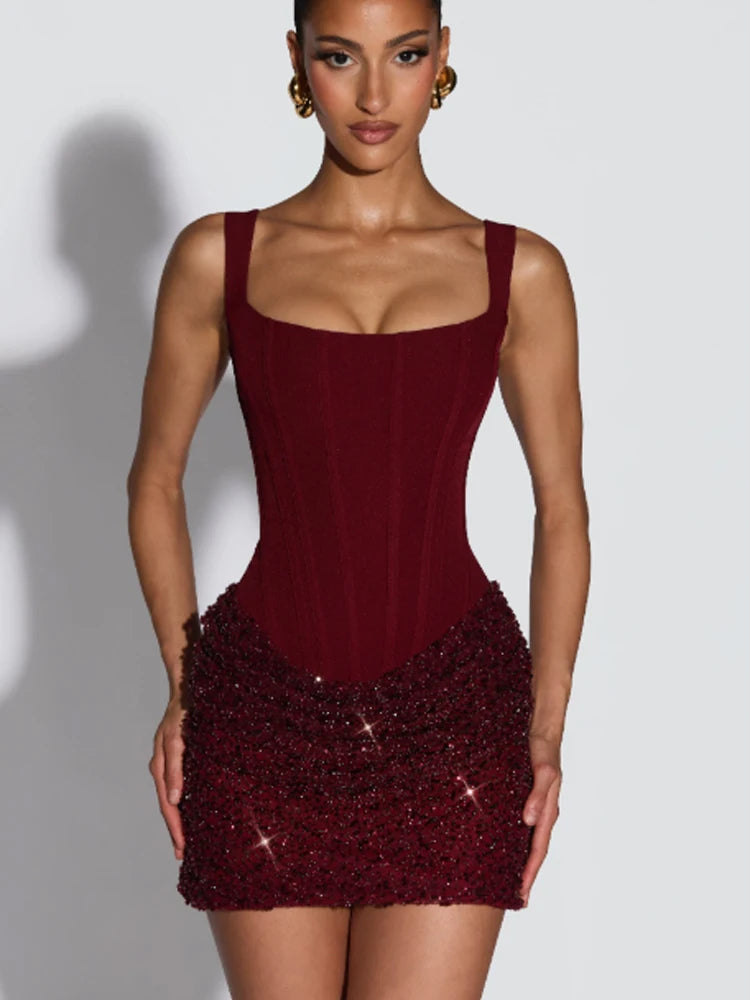 Sequin Patchwork Sling Mini Dress Off Shoulder Backless Waist Cinching Party Gown