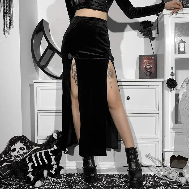 Punk High Waist Skirt With Bow Side Split Knee Length