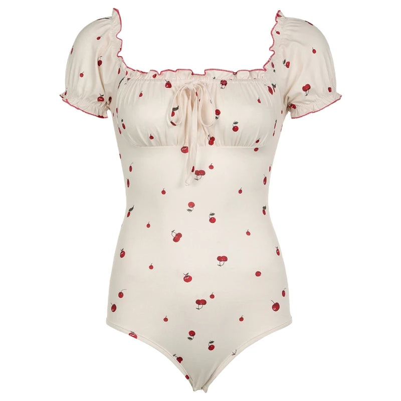 Cherry Print Frill One Piece Swimsuit With Short Sleeves Backless Design
