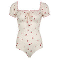 Cherry Print Frill One Piece Swimsuit With Short Sleeves Backless Design