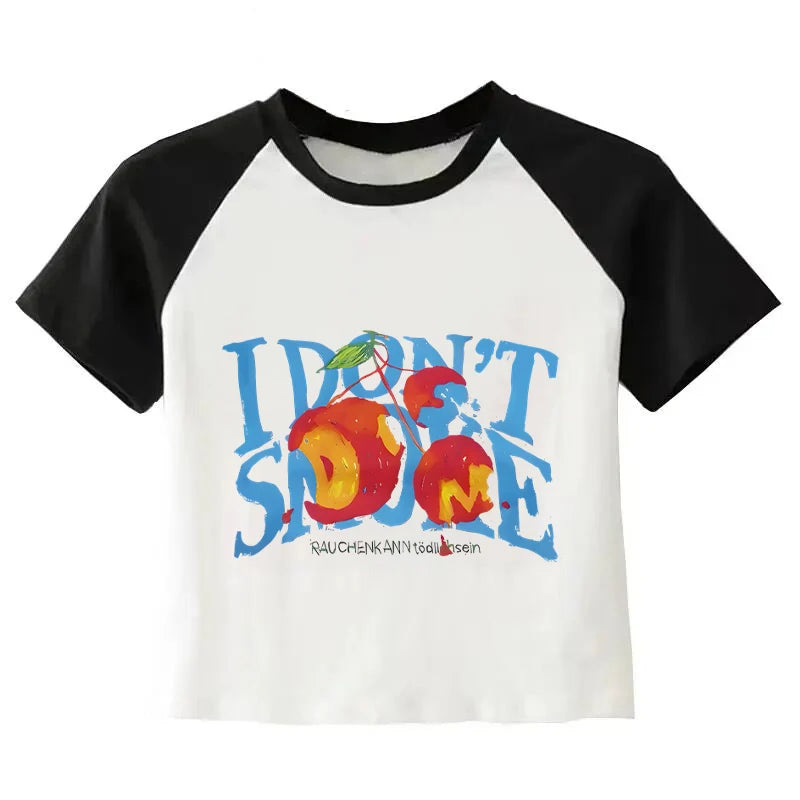 Cherry Graphic Cropped Tee With I Do Not Smoke Message One Hundred Percent Cotton Women's Top