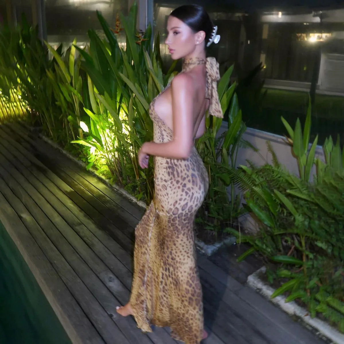 Leopard Print Halter Maxi Dress With Backless Silhouette Embellished Bandage Style