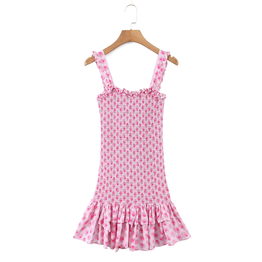 Flower Print Corset Ruched Elastic Body Sling Mini Square Collar Ruffles Hem Dress