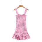Flower Print Corset Ruched Elastic Body Sling Mini Square Collar Ruffles Hem Dress