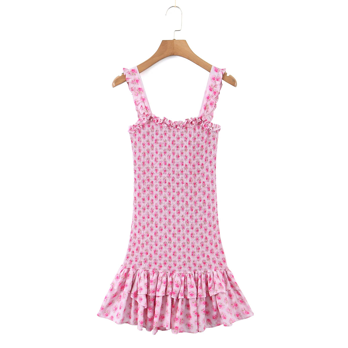 Flower Print Corset Ruched Elastic Body Sling Mini Square Collar Ruffles Hem Dress