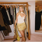 Beaded Sequin Two Piece Set Sleeveless Backless Crop Top And Mini Skirt Glam Outfit