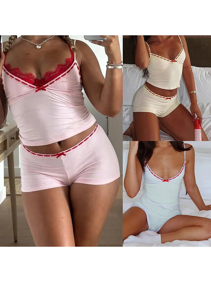 Cozy Two-piece Sleepwear Set With Bow Detail V Neck Cami Top And Soft Polyester Shorts For Lounging
