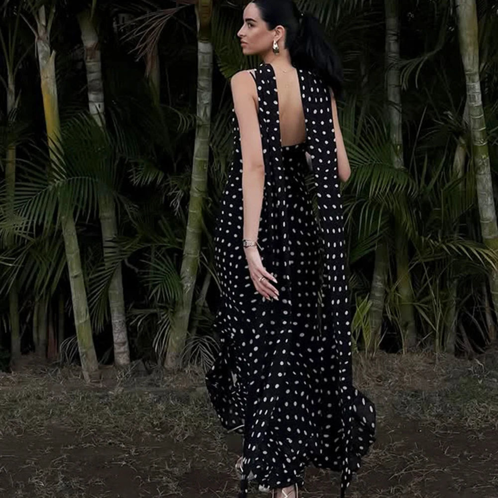 Elegant Polka Dot Halter Sleeveless Maxi Dress With Pleated Skirt And Ribbon Scarf