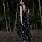 Elegant Polka Dot Halter Sleeveless Maxi Dress With Pleated Skirt And Ribbon Scarf