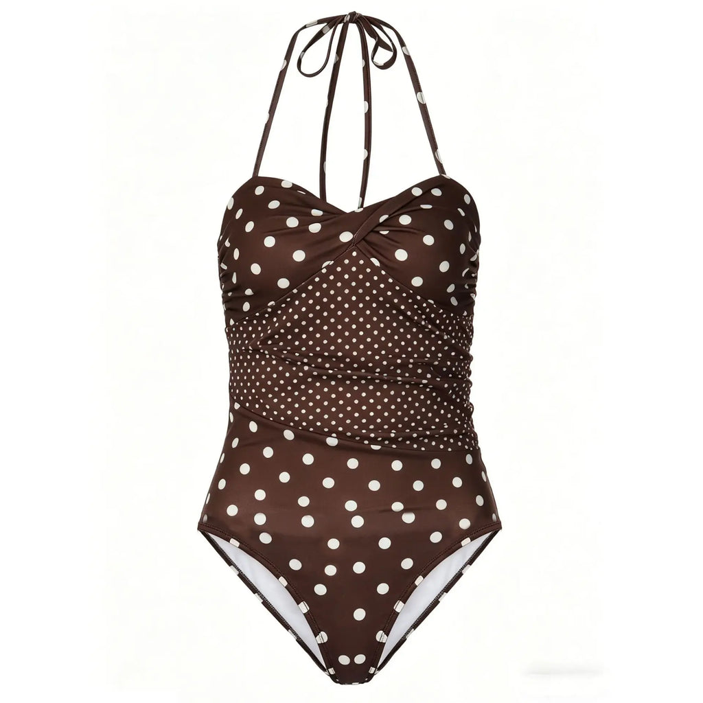 Polka Dot Print Bodysuit Wrap Belted Ruffled Back Cinched Pure Desire Style French for Women
