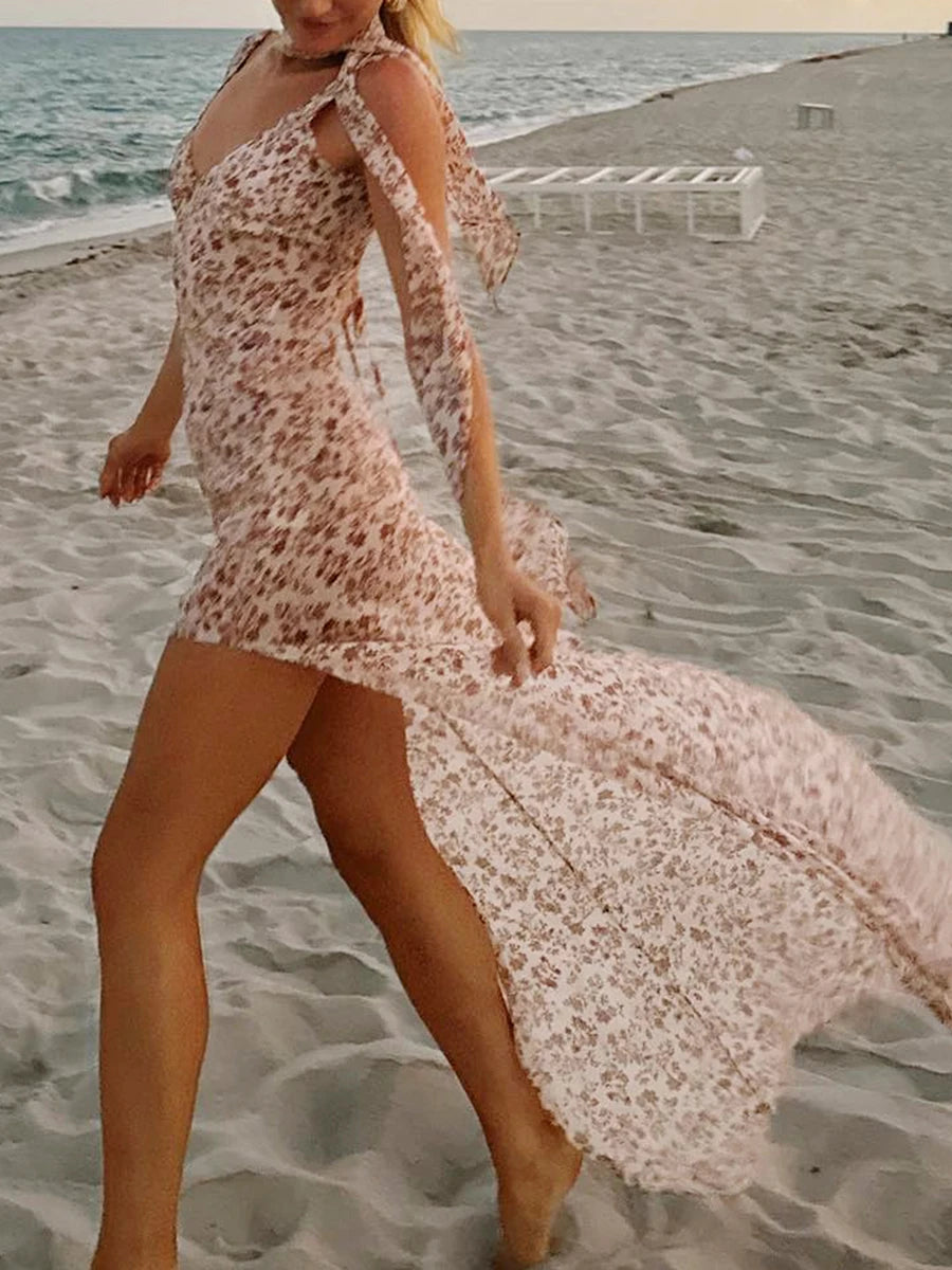 Flirty Florals Halter Maxi Dress With High Slit Backless Tie Neck And Scarf