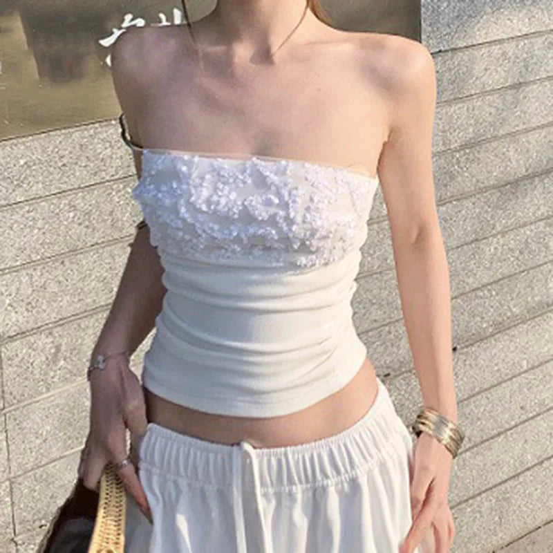 Fairycore White Tube Top With Backless Patchwork Bandeau