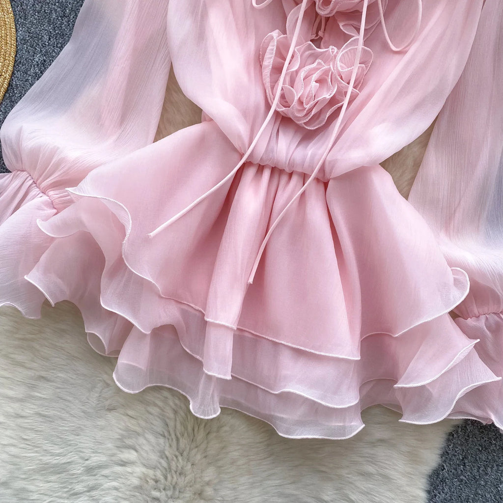 Boho 3D Floral Chiffon Sundress With Long Sleeves Lace Up Ruffle Detail