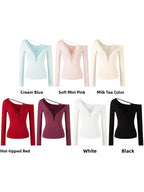 Lace Splice Long Sleeve Vneck Top For Night Out Chic