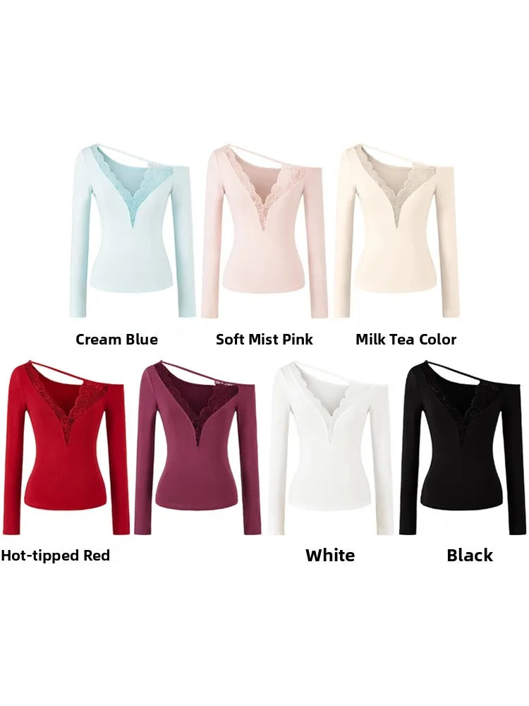Lace Splice Long Sleeve Vneck Top For Night Out Chic