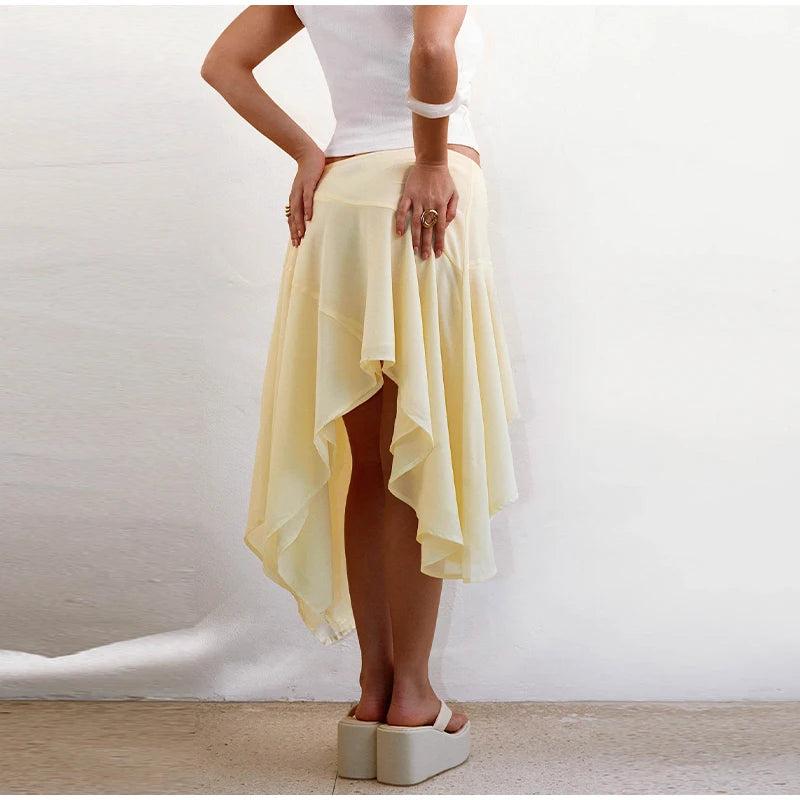 Soft Ruffle High Waist Midi Skirt With Asymmetrical Hem