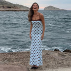Blue Polka Dot Halter Maxi Dress For Women Color Block Backless Lace Up
