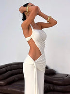 One Shoulder Backless Hollow Dress With Irregular Pleats And Tassel Patchwork