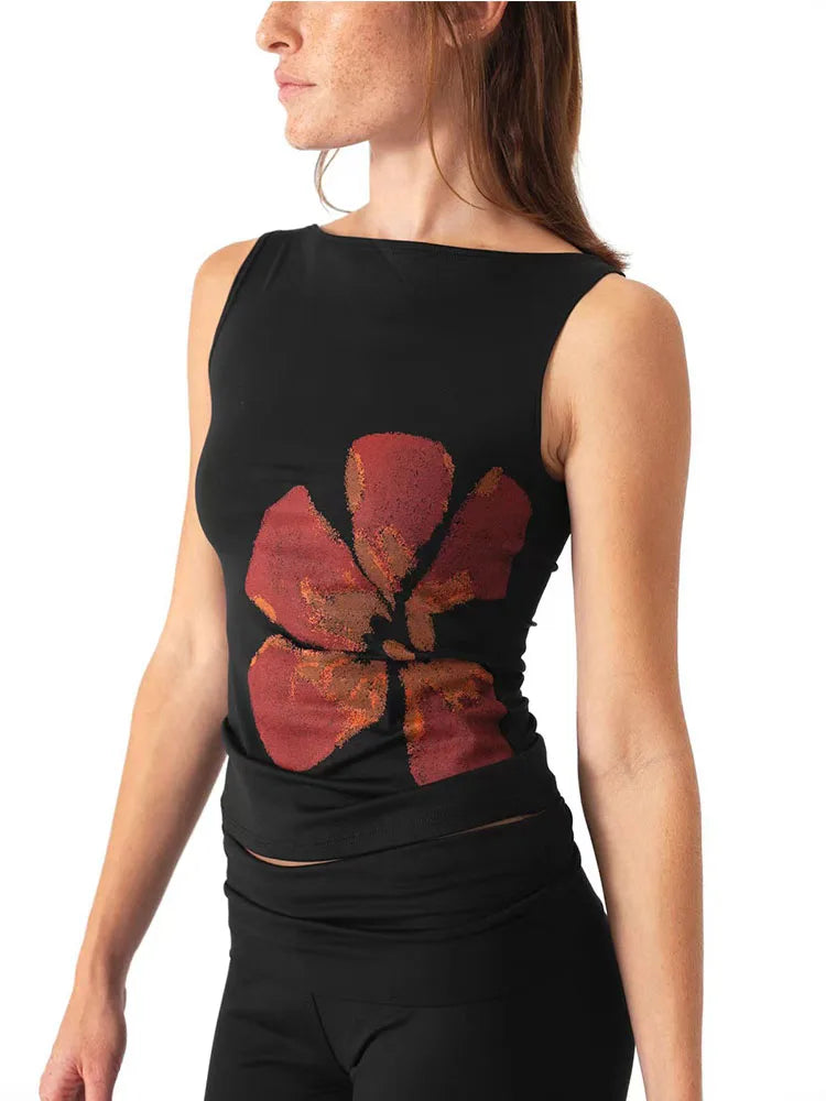 Floral Print Crop Tank Top For Women Fitted Boat Neck Sleeveless