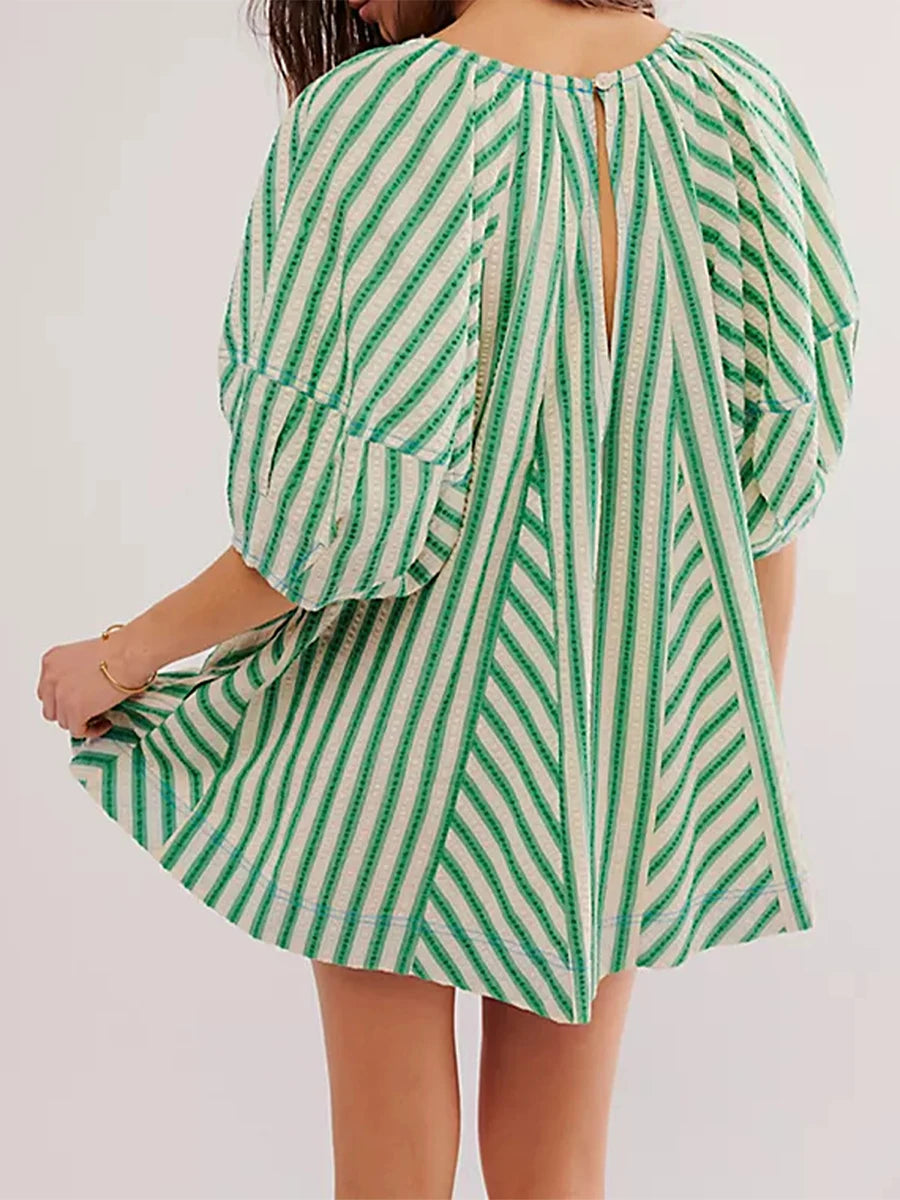Y2k Rompers Sexy Loose Puff Sleeve V Neck Striped Jumpsuits Shorts Overalls Dress