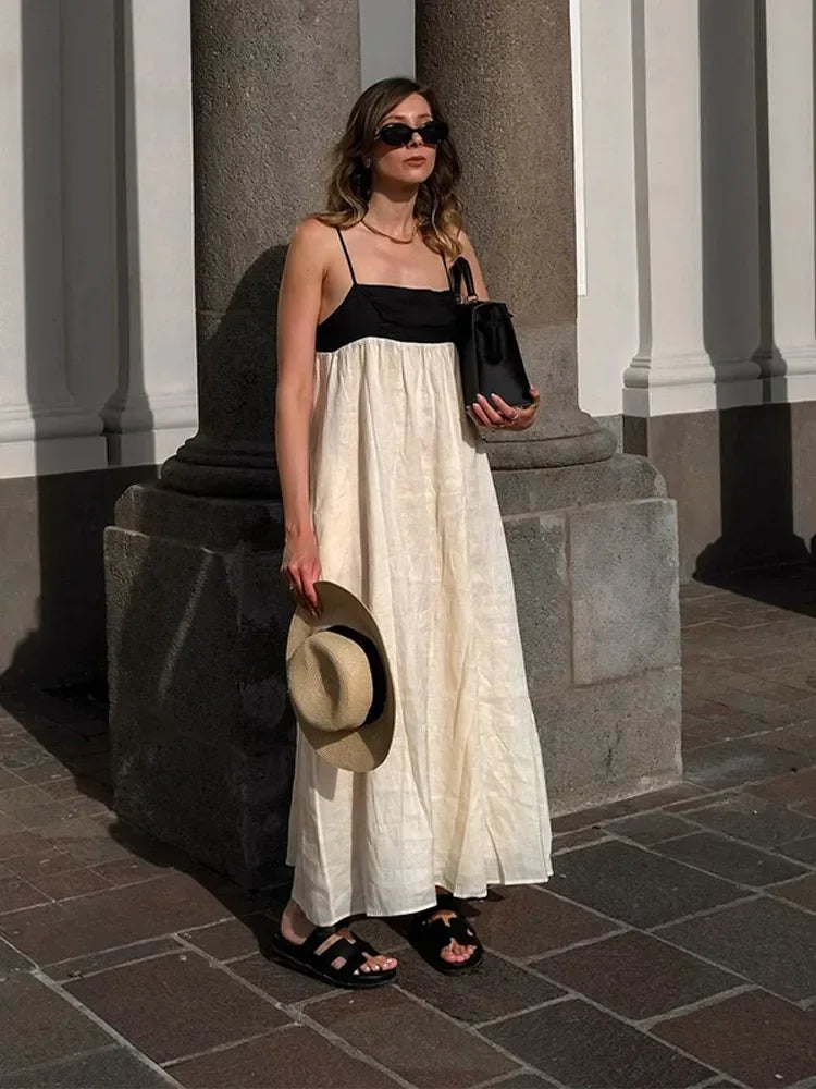 Contrast Splicing Loose Sling Long Women Square Collar Sleeveless Backless High Waist Dress