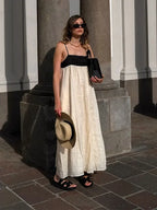 Contrast Splicing Loose Sling Long Women Square Collar Sleeveless Backless High Waist Dress