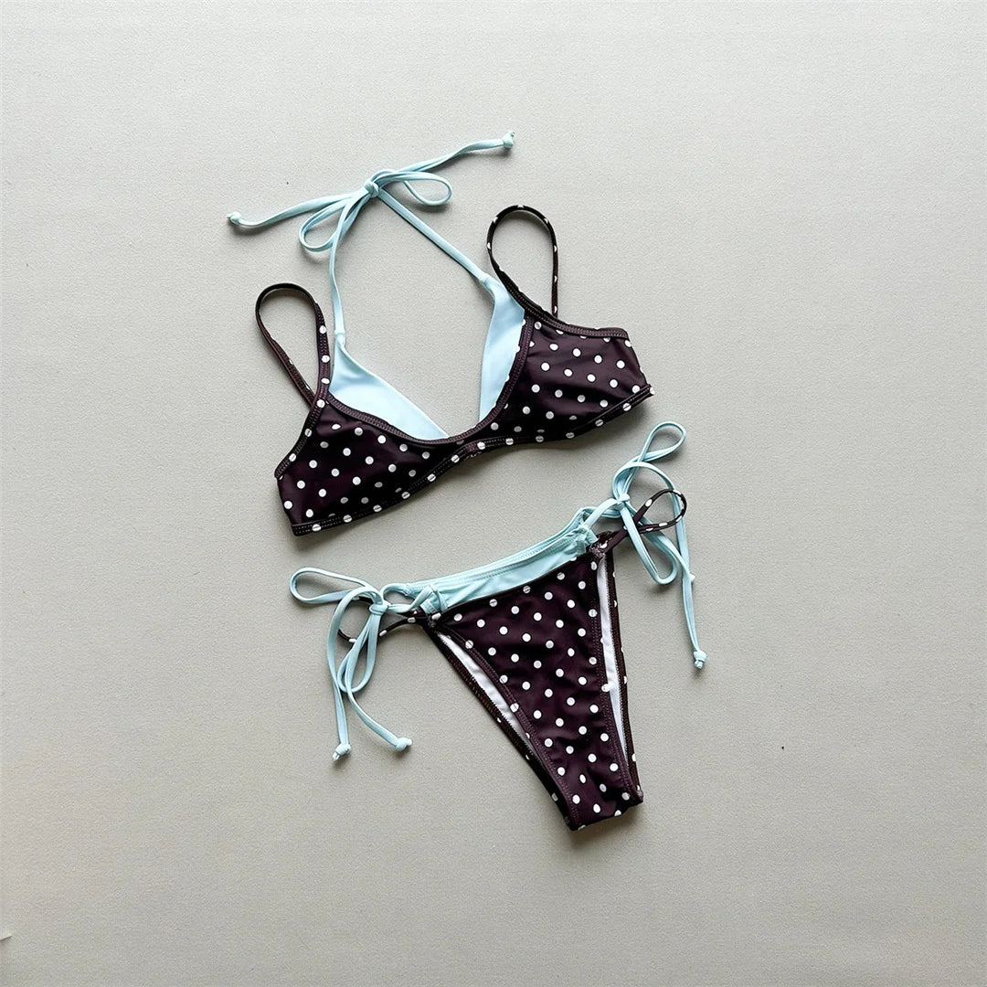 Halter Bikini Set in Plaid and Polka Dots