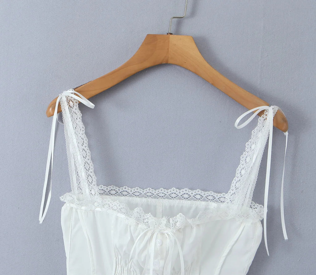 White Lace Trim Crop Top With Ribbon Bow Collar