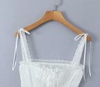 White Lace Trim Crop Top With Ribbon Bow Collar