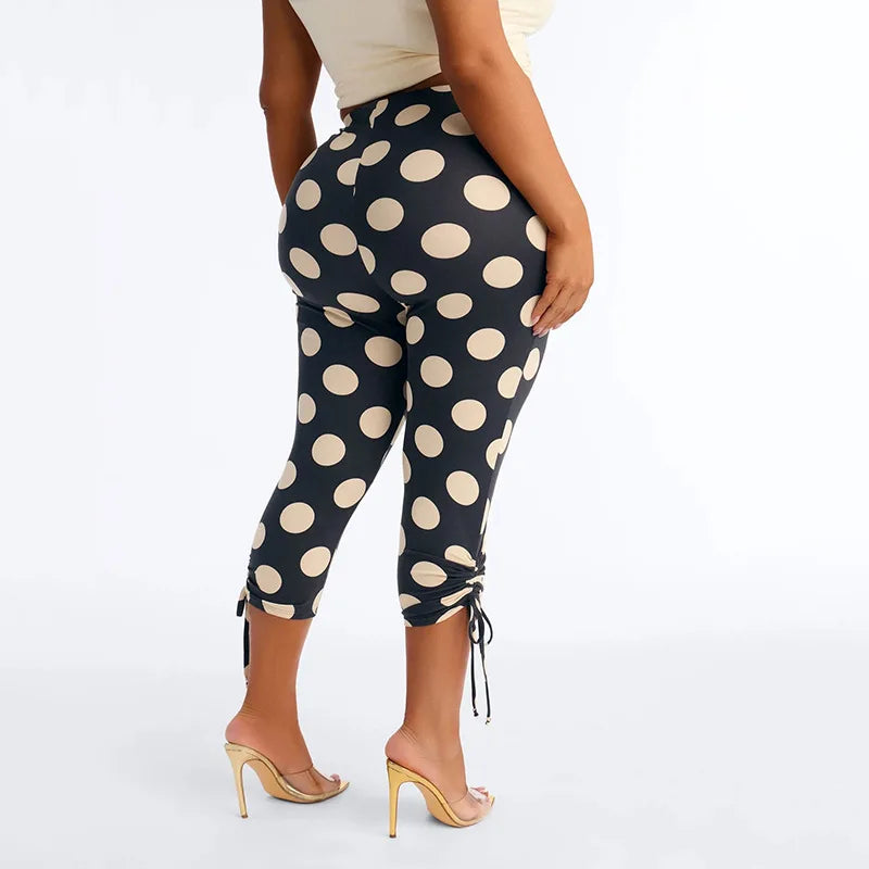 Polka Dot Patchwork Capri Pants With Drawstring Waist