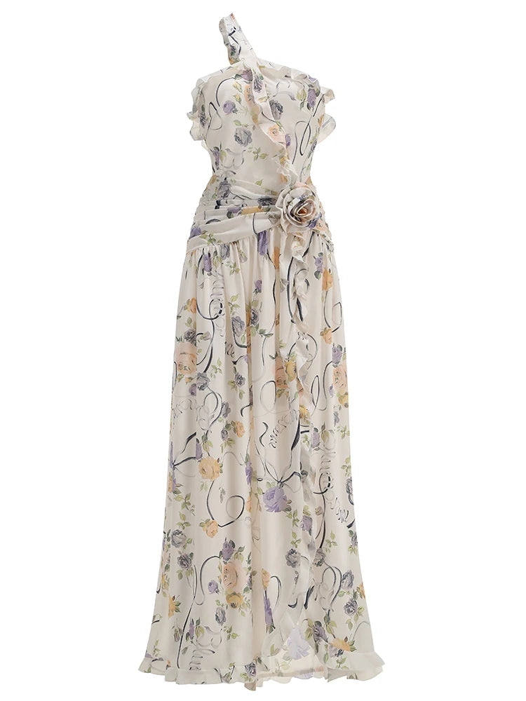 Flirty Floral Printed Off Shoulder Maxi Dress With Backless Detail And Ruffles