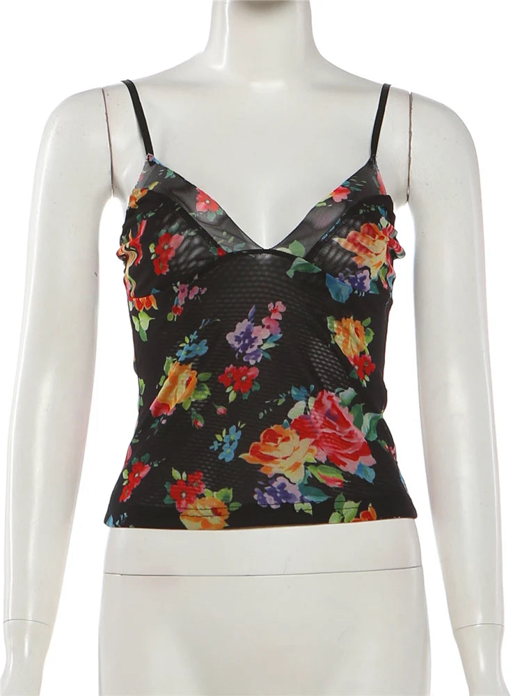 Midnight Floral Mesh Camisole With Patchwork
