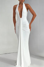 Deep V-Neck Backless Ruched Maxi Dress Halter Gown