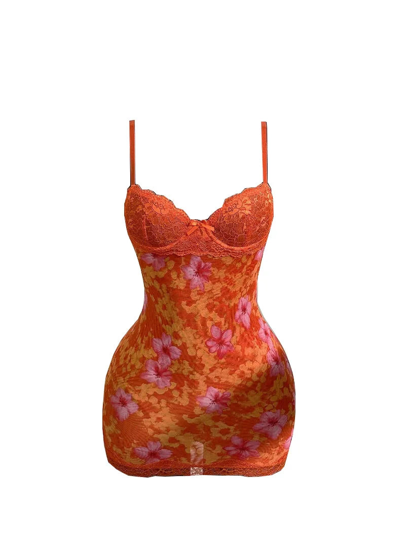 Lace Mini Dress With Spaghetti Straps High Waist Backless Retro Print
