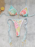 Retro Green Floral Bikini Set With Push Up Top And Cheeky Thong Bottom
