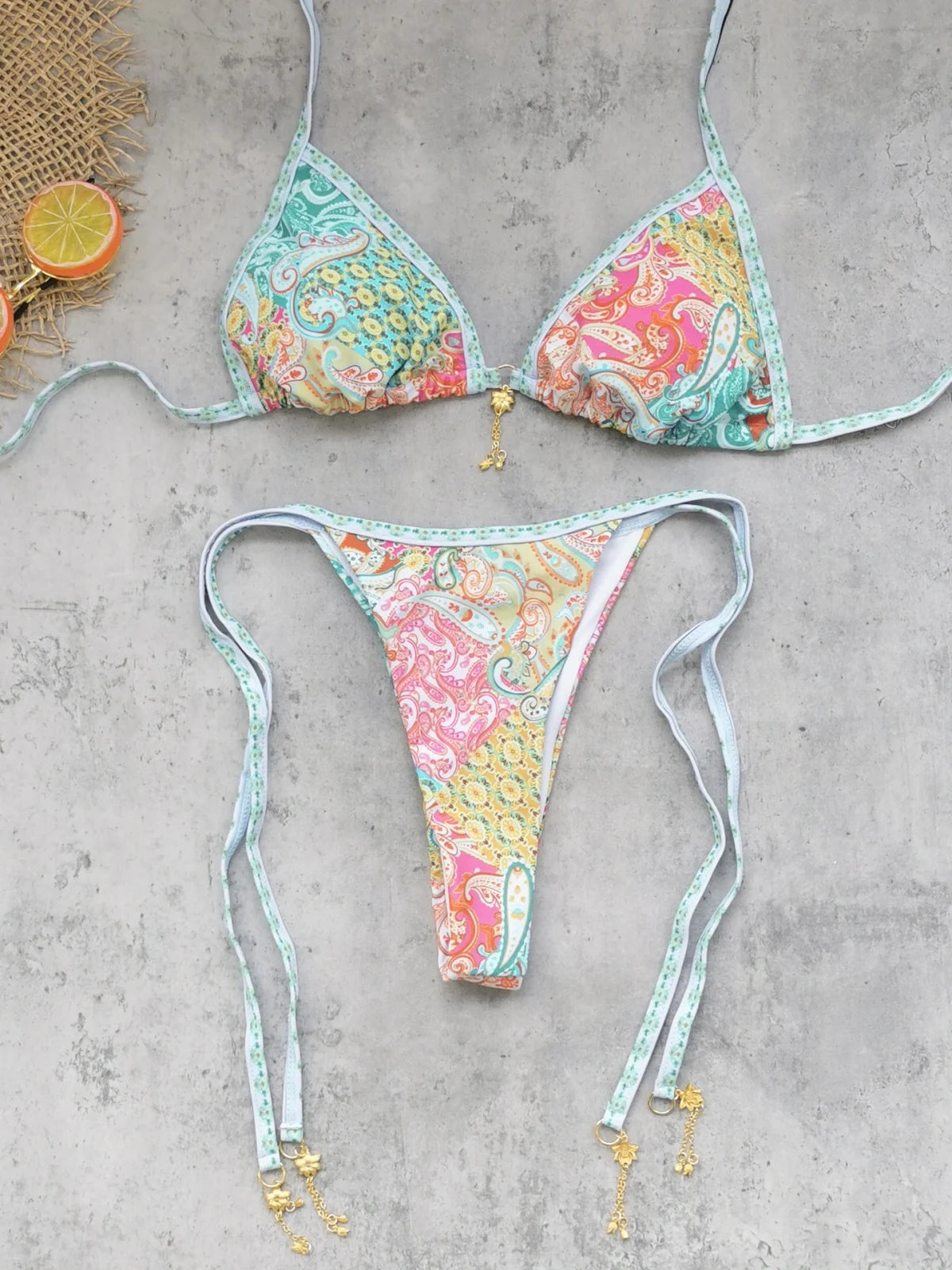 Retro Green Floral Bikini Set With Push Up Top And Cheeky Thong Bottom