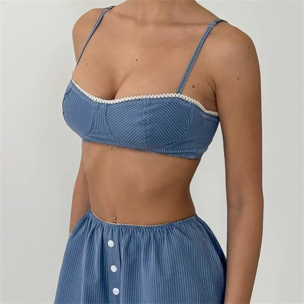 Crop Top Set With High Waist Shorts Spaghetti Strap Two- Piece