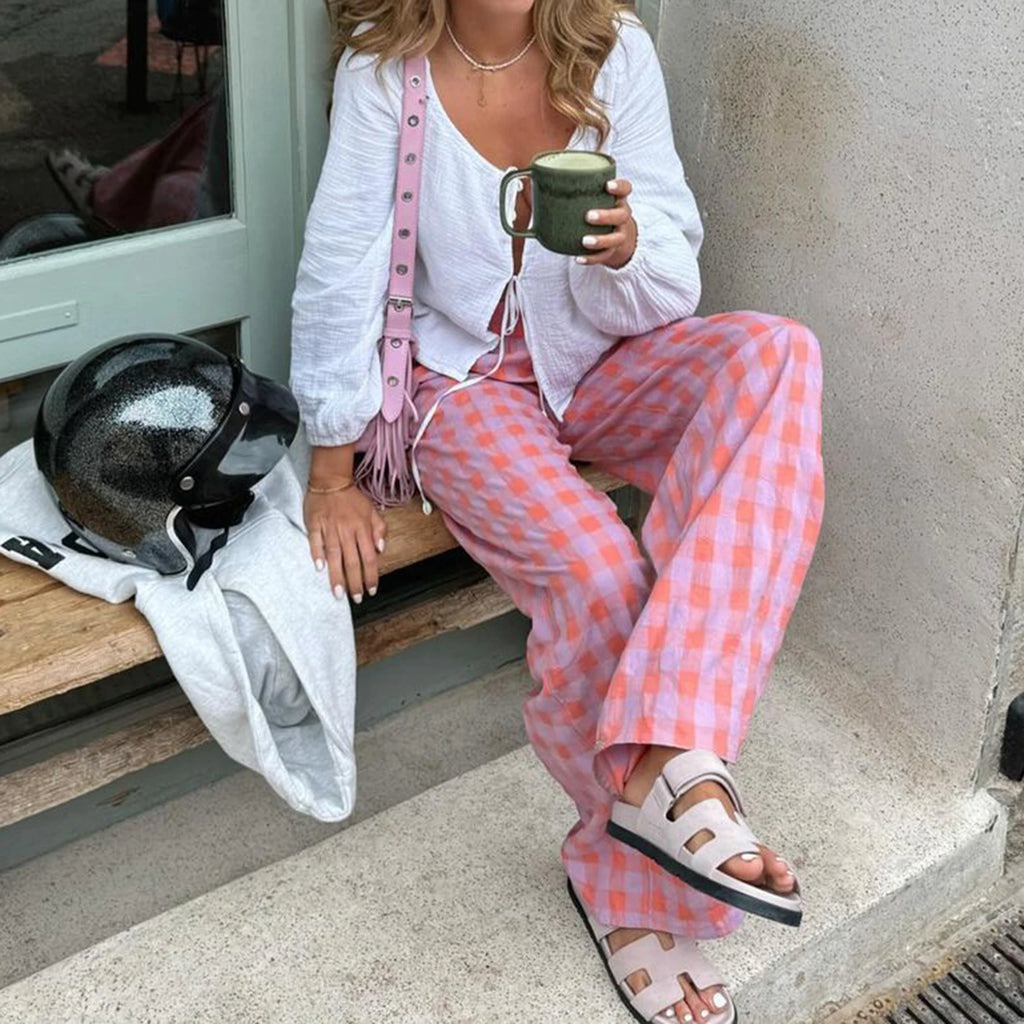 Casual Plaid Print Pants With Elastic Waistband Straight Leg Trousers