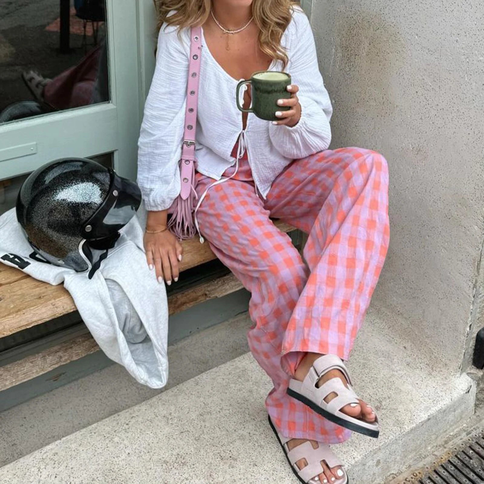 Casual Plaid Print Pants With Elastic Waistband Straight Leg Trousers