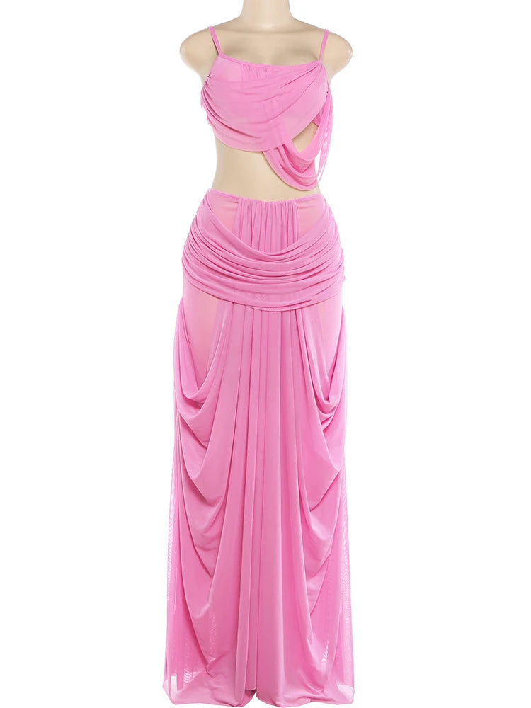 Ruched Set With Backless Camisole Top And Elastic Waist Skirt