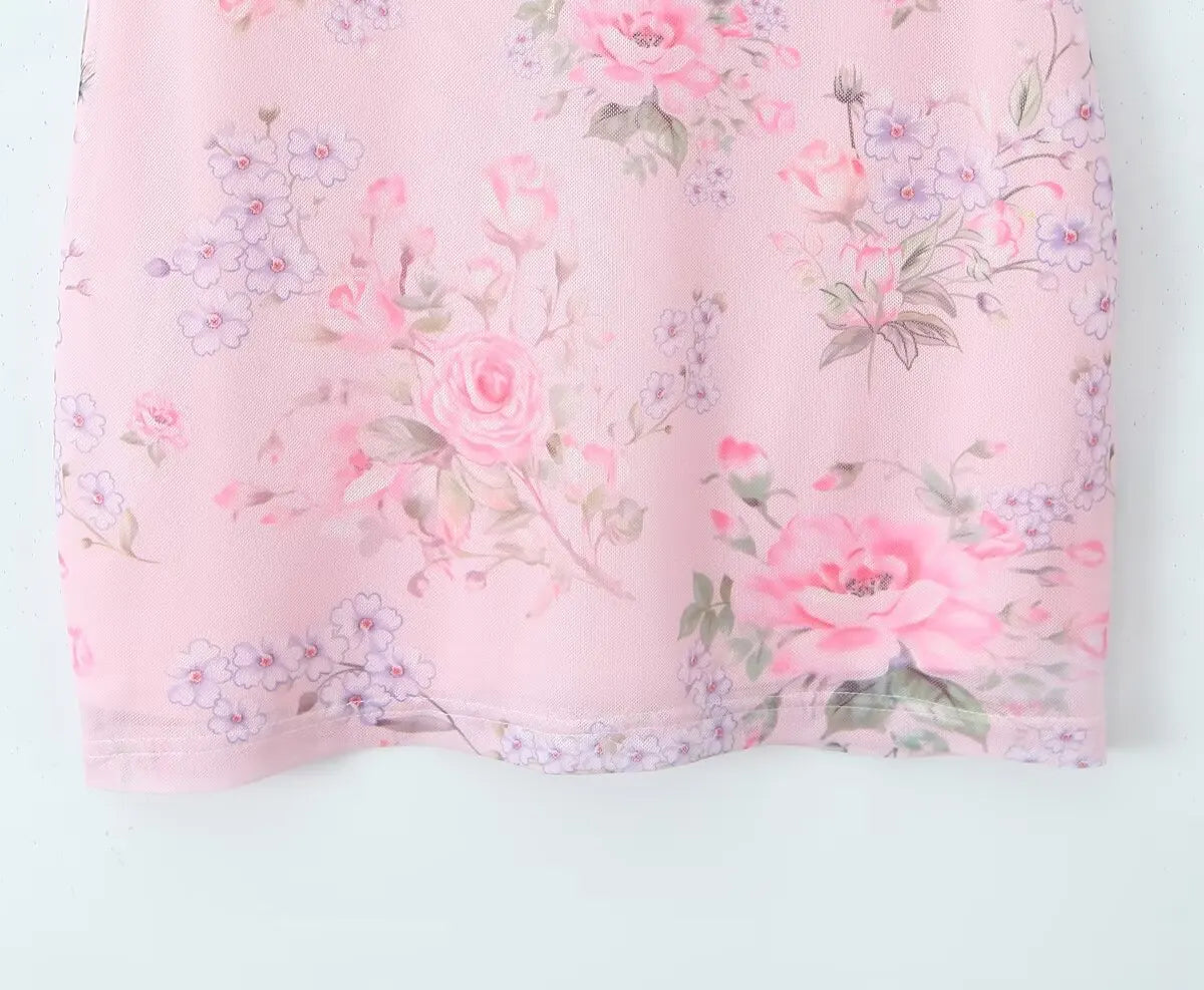 Vintage Pink Floral Print Mini Sexy Women's Dress
