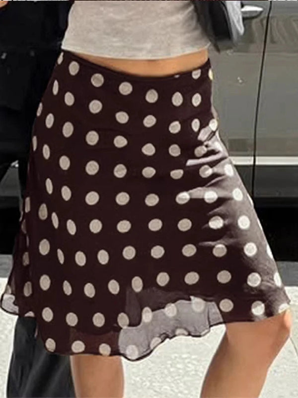 Polka Dot Satin Mesh Midi Skirt With High Waist A Line
